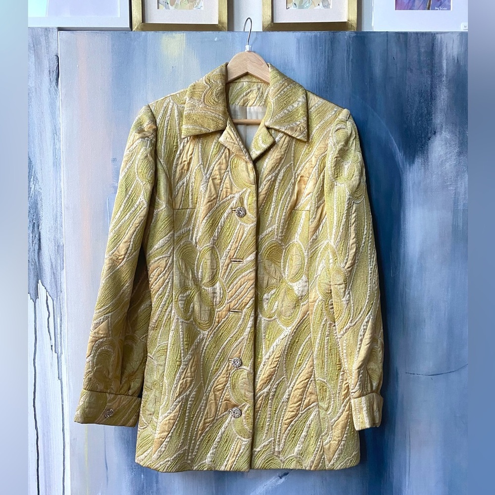 Vintage 60s 70s Yellow Brocade Floral Jacket Coat